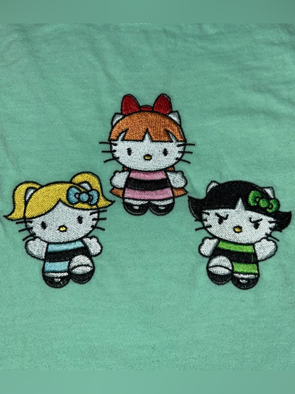 Hello Kitty x Power puff Girls Embroidered T-Shirt Women’s M Green Mint Tee - Picture 2 of 5
